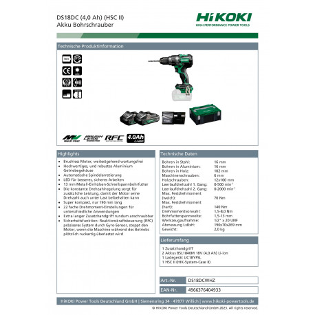 HiKOKI DS18DC (4,0 Ah) (HSC II) Akku Bohrschrauber